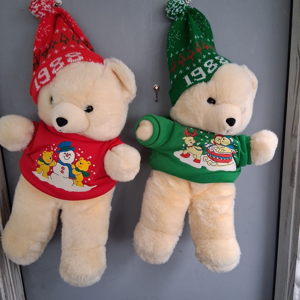 Vintage 1988 Christmas Teddy Bears K-Mart Plush Set Red Green Holiday Decor